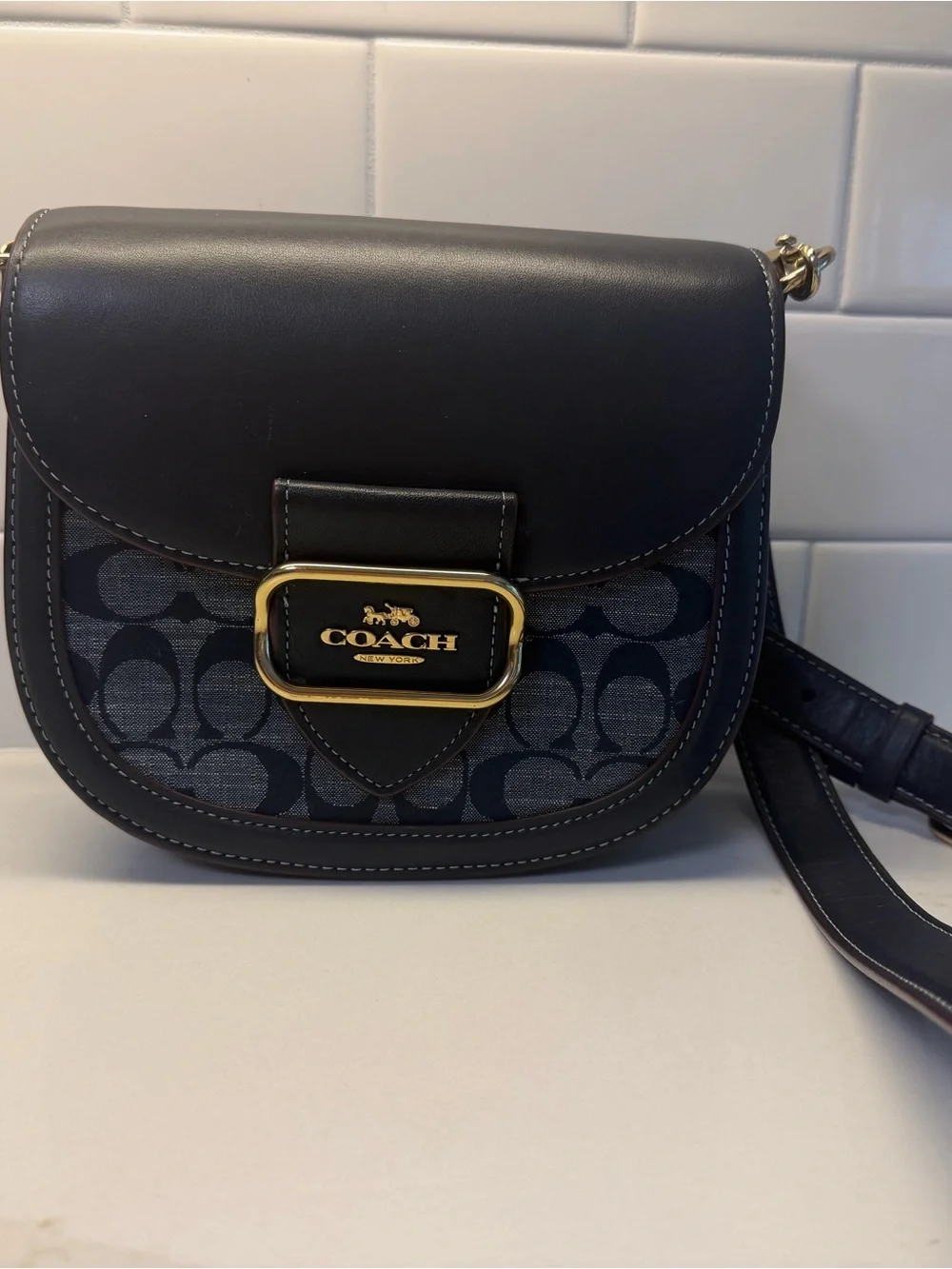 Coach Navy Signature Saddle Crossbody with Gold Hardware
